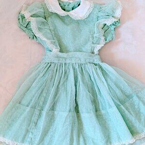 VTG Girls Green Lace Linen Easter Spring Dress 4-6 Peter Pan Collar Lace Apron